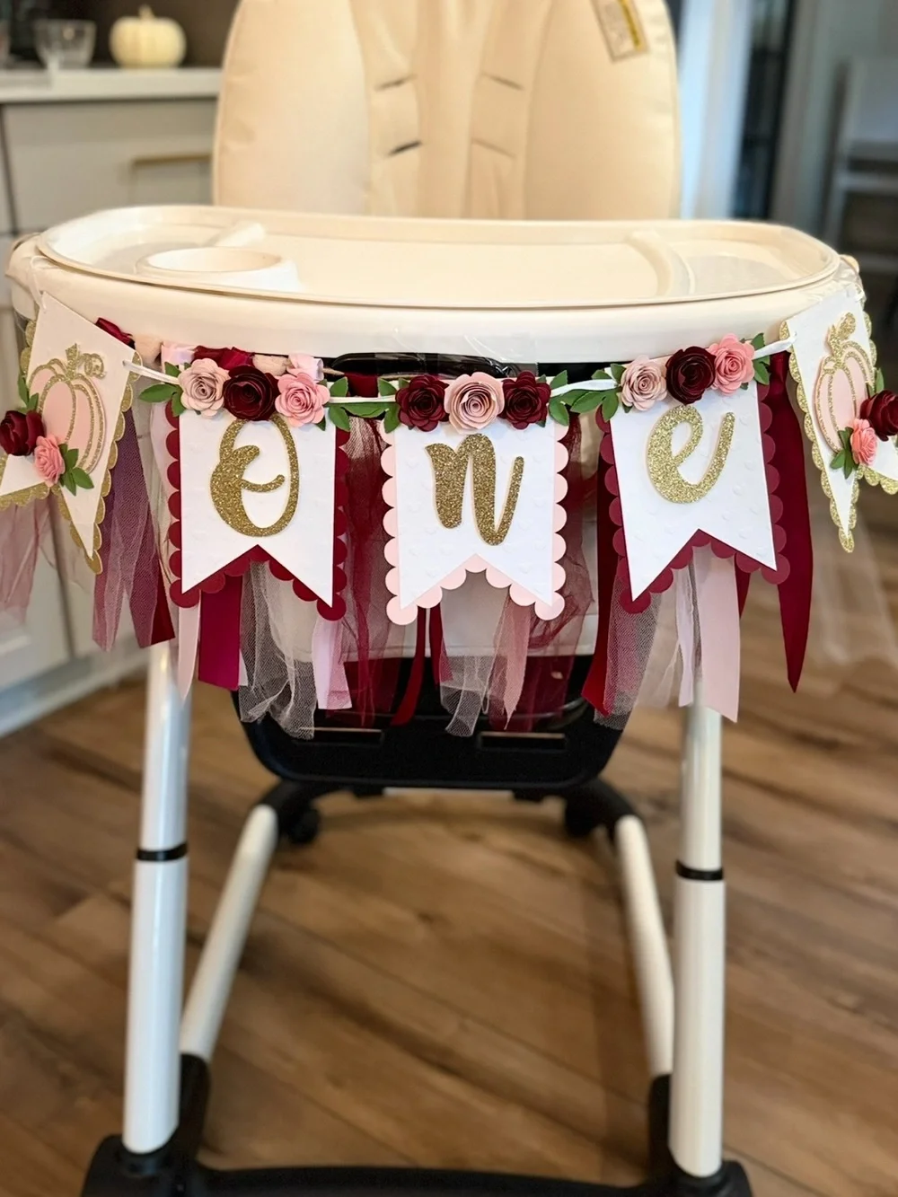 Fall 1st Birthday bundle- Flower + Pumpkin Party Decorations (Pink/maroon/gold)